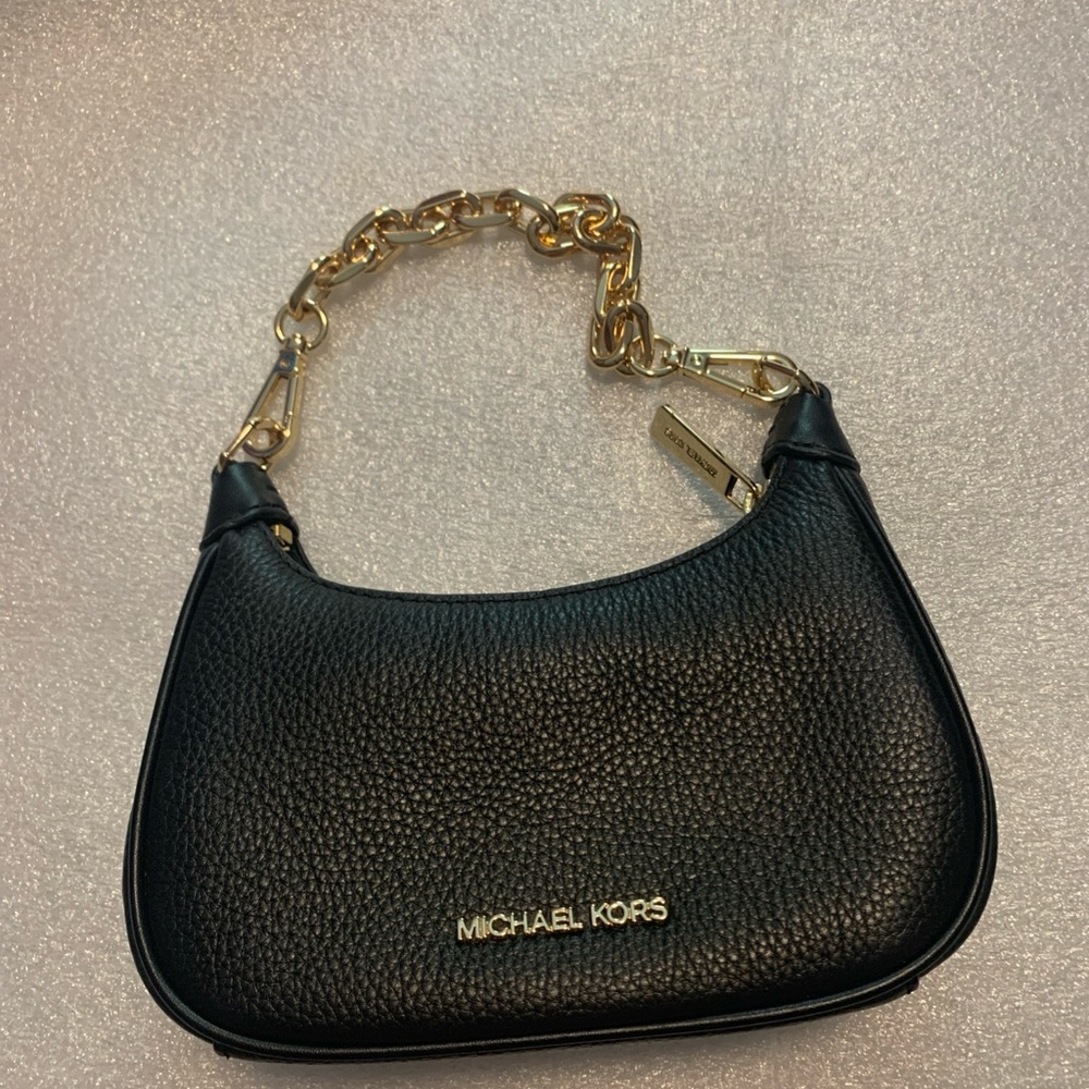 Michael Kors Black Pebbled Leather Shoulder Bag with Gold Chain